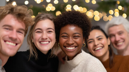 Happy group of diverse friend smiling for selfie together at celebration. Joyful multiethnic people enjoying festive christmas party with blurry lights in background