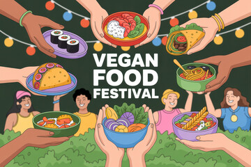 Diverse vegan food festival celebration with vibrant dishes and happy participants