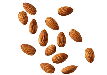 Scattered Raw Whole Almond Nuts Isolated on White Background with Clipping Path