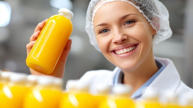 In a busy juice production facility, a smiling female worker carefully inspects a bottle of bright orange fruit juice. She wears a hairnet and a lab coat, ensuring quality control