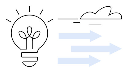 Light bulb with sprouting plant and arrows pointing forward, symbolizing ideas, sustainability, progress, and growth. Ideal for creativity, innovation, eco-awareness, development sustainability
