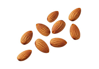 Natural Whole Almonds Scattered and Isolated on Pure White Background. Fresh, Raw, and Healthy Food Ingredient for Snacking or Cooking.