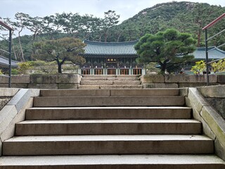 아래에서 올려다본 사찰