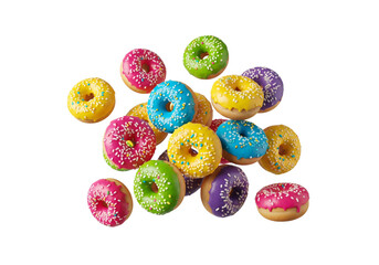 Vibrant and Cheerful Pile of Mini Donuts with Colorful Frosting and Sprinkles on White Background