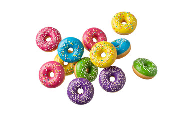 Vibrant Assortment of Glazed Mini Donuts with Colorful Sprinkles, Isolated on White