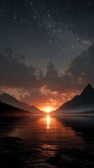 Majestic Sunset Over Serene Lake with Silhouetted Mountains and Starry Sky Captured at Dusk in a Tranquil Natural Landscape