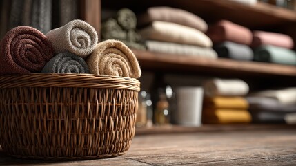 Woven Basket With Rolled Textiles On Wooden Table Under Warm Lighting