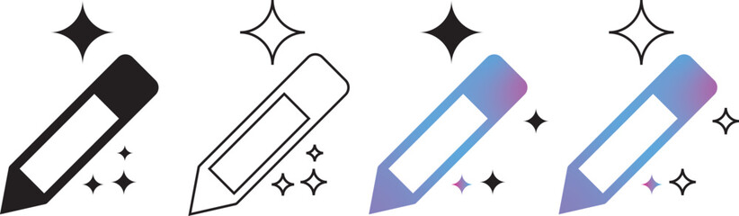 
AI writing or smart edit icon set. editing pen sparkle stars symbol. pencil compose symbol with sparkle stars. Artificial intelligence, intelligent content creation, seo, writing, or smart tools. Vec
