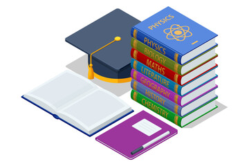 Isometric pile of books with graduation cap, open book, and notebook. Symbol of study, university education, and academic preparation. Textbooks physics, math, chemistry, biology and English