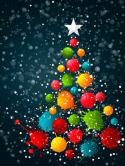 Colorful watercolor Christmas tree illustration with vibrant ornaments and splashes, isolated on a dark background, perfect for festive designs and decorations