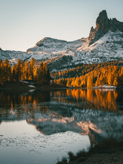 Mountain Lake Federa in the Dolomites in Autumn