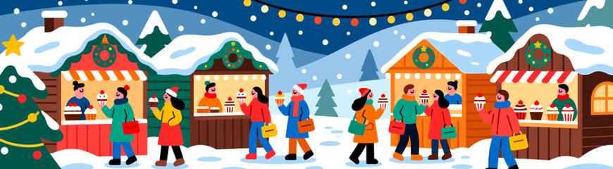 Christmas market stalls with happy shoppers in snowy landscape