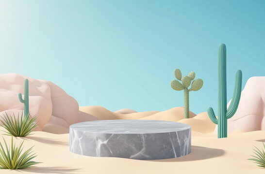 Desert Landscape with Cacti, Succulents, White Podium, Sand Dunes, Blue Sky, and Clouds