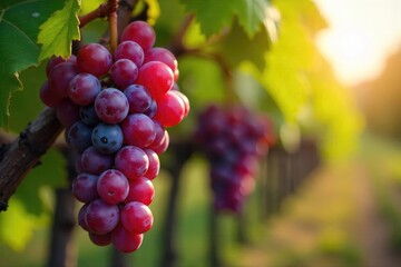 Close-up of ripe, sun-drenched wine grapes hanging on the vine, ready for harvest Vibrant colors and visible water droplets showcase the freshness and quality , agriculture, organic