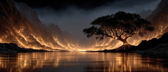 Dramatic Landscape Featuring Ancient Tree on a Riverbank Surrounded by Fiery Light and Shadow in a Mystical Atmosphere at Sunset