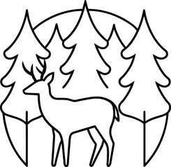 misty forest with deer minimal outline drawing illustration on transparent background