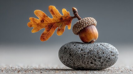Balanced Stone With Acorn And Frosted Oak Leaf On Sandy Surface Light