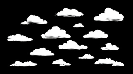 Isolated group of white clouds on solid black background as clean minimalist sky element in clipart style for design. 黑色背景上孤立的白云群，作为简洁的极简天空元素，以剪贴画风格用于设计。