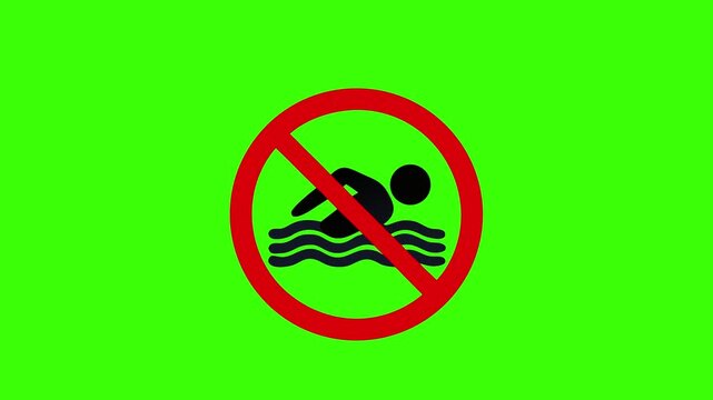 a flat-style vector icon of a black swimmer silhouette with water waves inside a red prohibition circle and diagonal slash, no background, using only black and red colors.