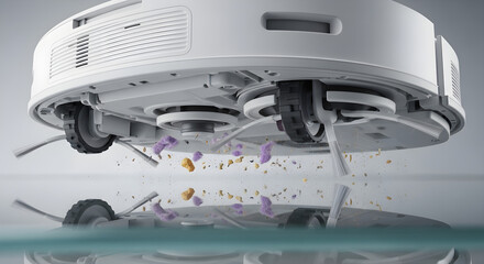 Powerful robotic vacuum cleaner, underside view showing the brush cleaning dirt and debris