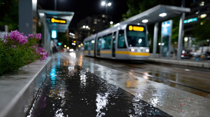 A beautifully captured shot of a tram stop where rain has created reflective puddles on the ground, highlighting the urban atmosphere and evening bustle of the city.