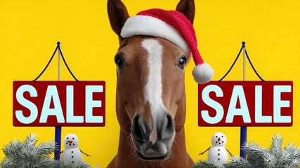 Festive horse wearing santa hat promotes holiday sale with cheerful decor