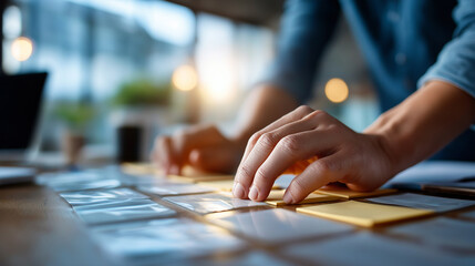 side angle of hands placing neutral prototypes onto a grid board sticky notes nearby studio zone defocused cool daylight top strip free product concept pro