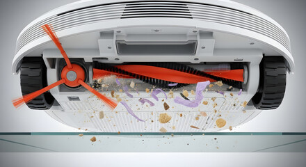 Powerful robotic vacuum cleaner, underside view showing the brush cleaning dirt and debris