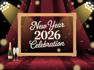 A grand new year 2026 celebration unfolds with a framed announcement champagne and sparkling lights creating a festive atmosphere