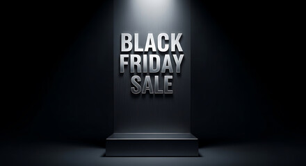 Black friday sale text in metallic 3d letters on a dark pedestal under spotlight