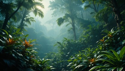 Tranquil jungle bathed in soft sunlight and lush greens
