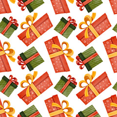 Seamless pattern featuring brightly colored holiday gifts. Hand-drawn watercolor illustration. Perfect for holiday decorations, cards, and textiles.