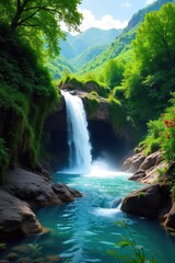 Fototapeta premium Crystal-clear water cascading down a lush green hillside, creating a refreshing and vibrant scene Perfect for nature, travel, and environmental themes , nature, natural