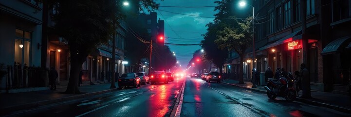 Darkness descends as a power outage plunges a city street into complete blackout, leaving only emergency lights visible , grid failure, outage