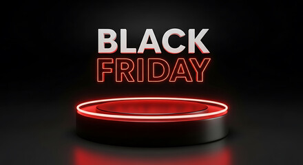 Black friday text on a glowing red neon platform with dark background