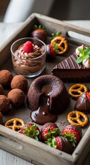 Fototapeta premium Chocolate Dessert Tray with Lava Cake, Truffles, Mousse, Strawberries and Pretzels | Gourmet Sweet Treats for Restaurant Menu, Food Blog, and Valentine's Day Promotion