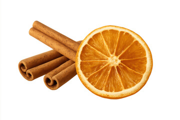 Cinnamon sticks and dried orange slice on transparent background