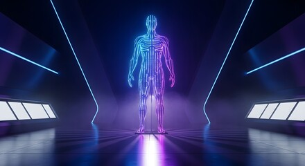 Humanoid figure with neon lights in a futuristic room with blue and purple illumination and glossy floor