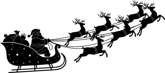Santa Claus Sleigh Reindeer Flying Black Silhouette. Christmas, Holiday, Winter, Xmas, Night Sky, Traditional, Vector Graphic, Isolated, Classic Design.