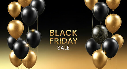 Black friday sale with black and gold balloons on a gradient background