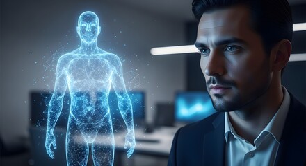 Man in suit looks at holographic human body scan in a modern office environment setting