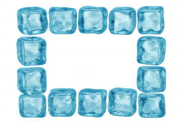 Ice cubes forming a cool blue border or rectangular frame, signifying freshness and cold on transparent background