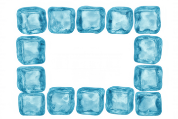 Ice cubes forming a cool blue border or rectangular frame, signifying freshness and cold on transparent background