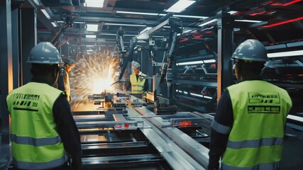 futuristic heavy industry factory interior, workers in vests and helmets inspecting machinery, cinematic lighting with neon and warm glow - Powered by Adobe