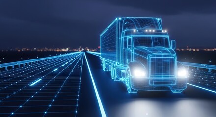 Digital wireframe truck driving on a glowing data highway photo logistic