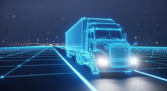 Futuristic wireframe truck on a digital highway at night photo logistic