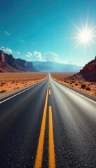 Epic desert highway disappearing into the horizon under a vast, blue sky Sun-drenched landscape, endless road, adventure awaits , freedom, endless