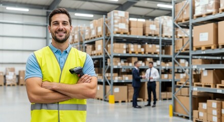 Smiling warehouse worker with scanner standing in front of organized shelves during a busy workday