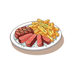 Realistic Vector Cartoon Illustration of Belgian Steak Frites with Dipping Sauce
