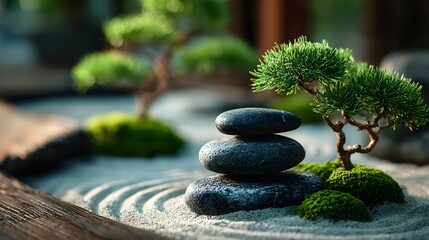 Tranquil and meditative photograph of a miniature zen garden with smooth, stacked stones on fine gravel and small, manicured green bonsai trees.